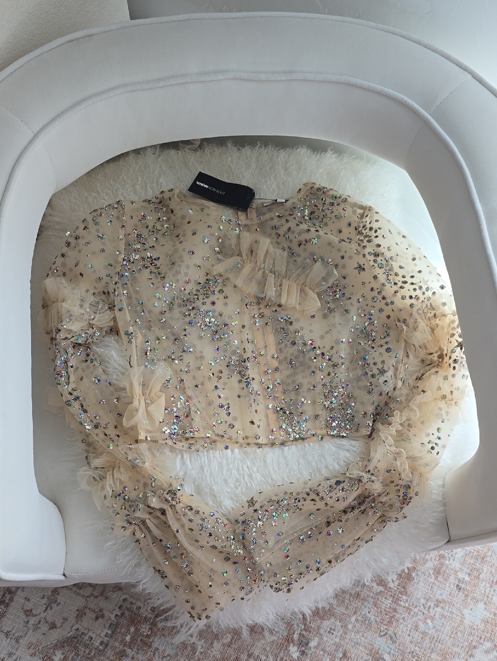 Fashion Nova Beige Crystal Embellished Sheer Long Sleeve Top